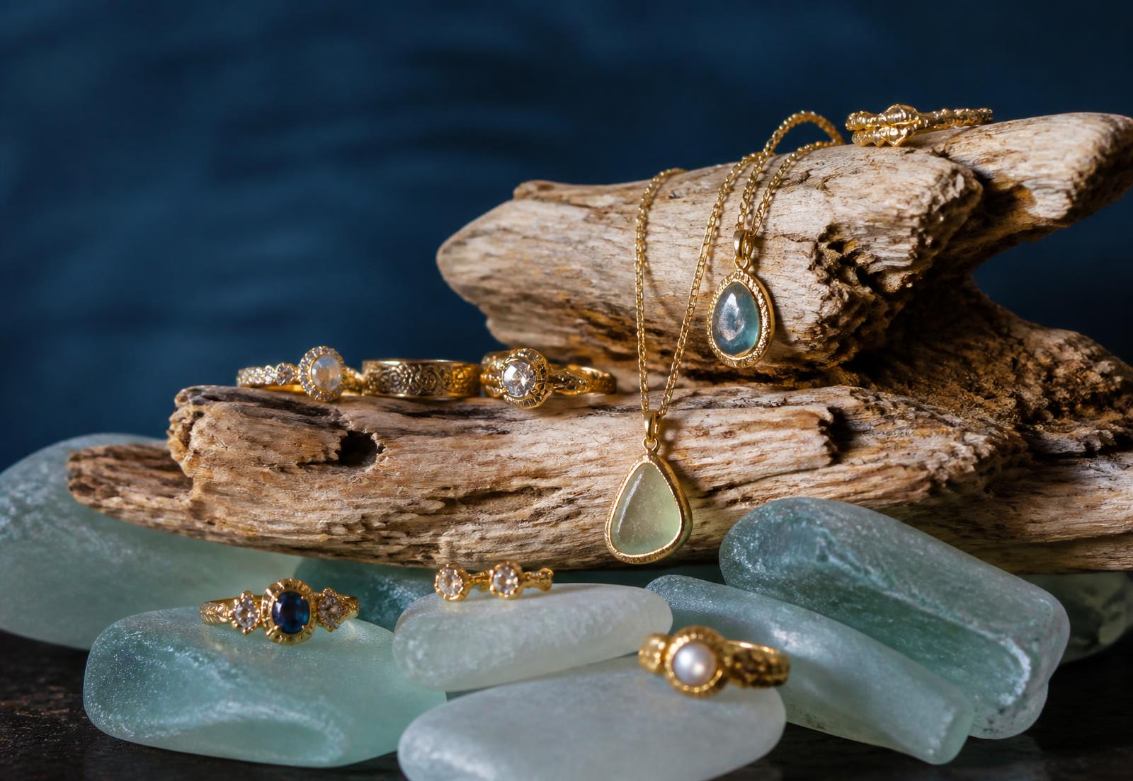 Handmade gold jewelry and antique rings resting on driftwood and sea glass